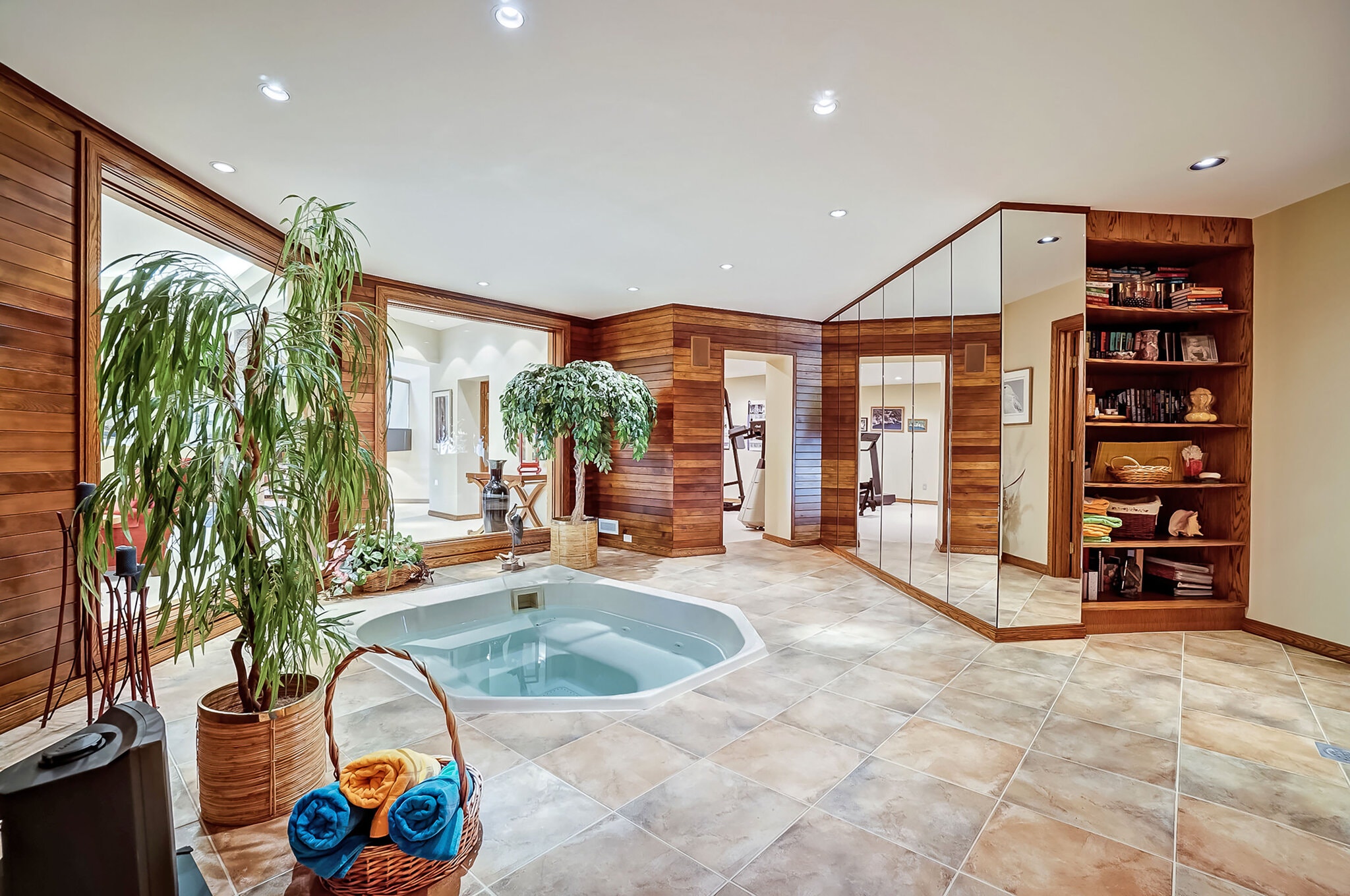 The lower level also features a glass-enclosed Jacuzzi tub with built-in shelving for storage.